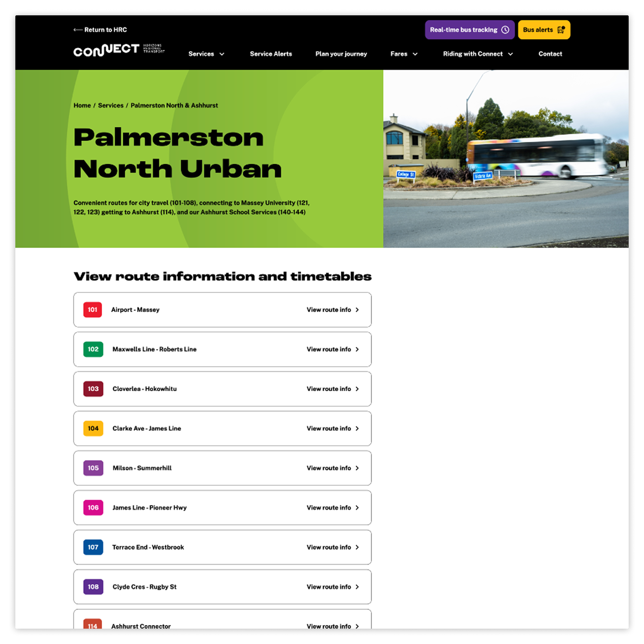Screenshot of the Connect bus website service page in desktop