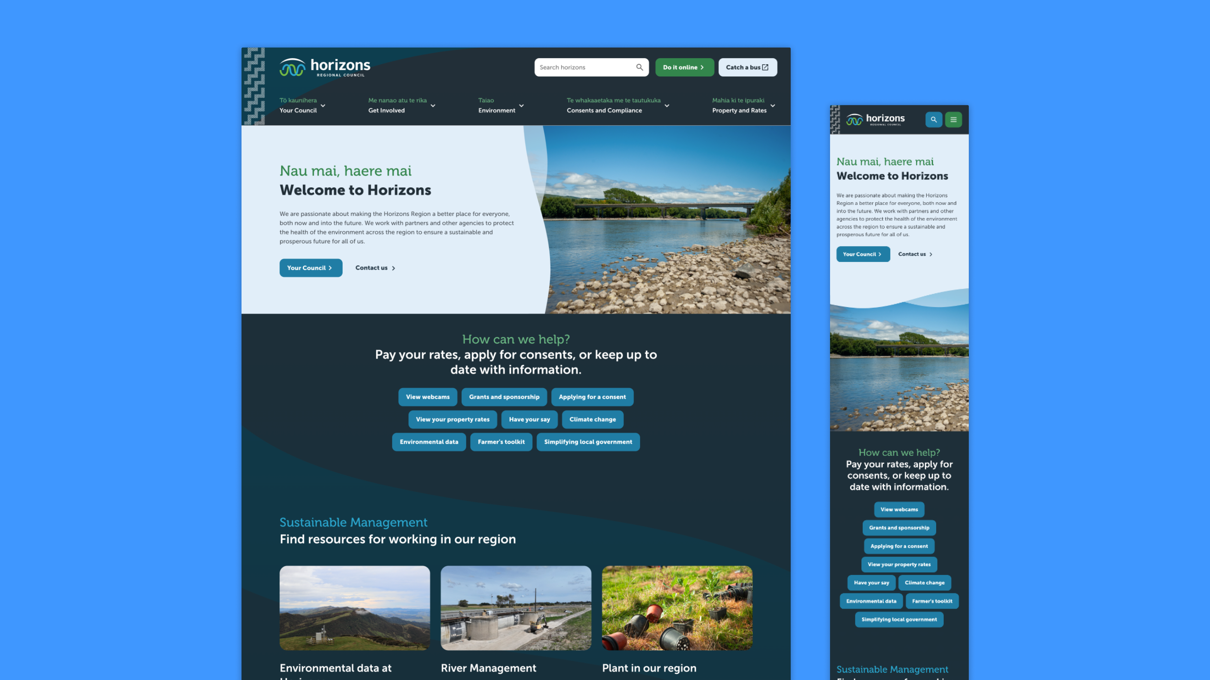 Screenshot of the Horizons Regional Council website homepage in desktop and mobile